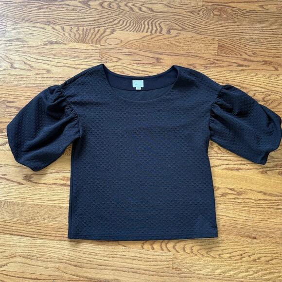 Anthropologie Black Houndstooth Textured Stretch Knit Balloon Sleeve Top Sz M - Picture 2 of 8